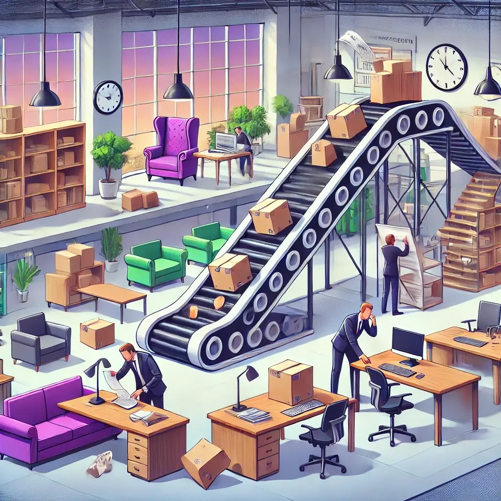 DALL·E 2025-02-05 15.33.48 - An illustration of process erosion in a commercial furniture dealership. The image depicts a modern showroom and office setting where workflows are br